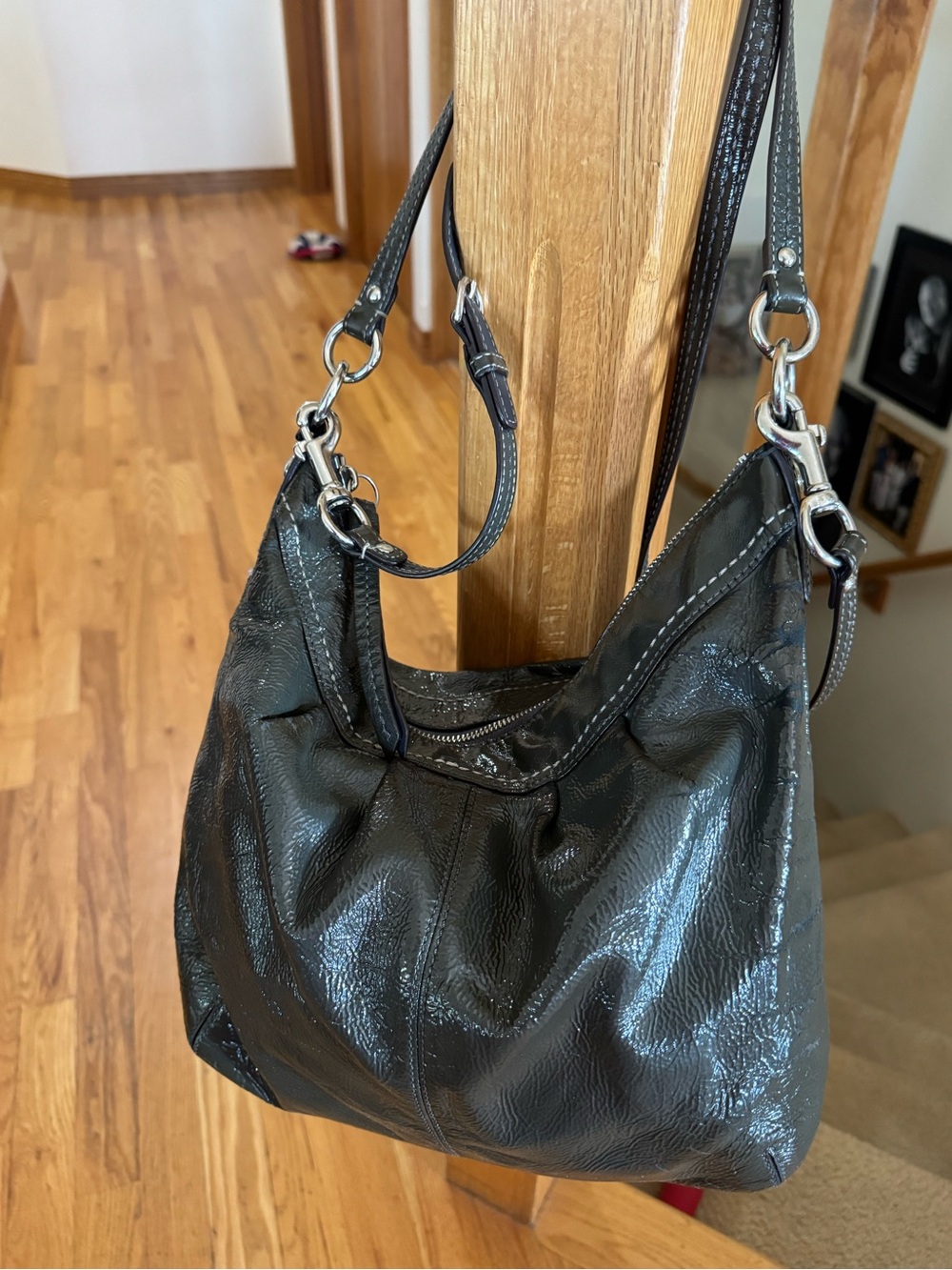 Coach charcoal grey Leather Shoulder Bag with Silver Hardware